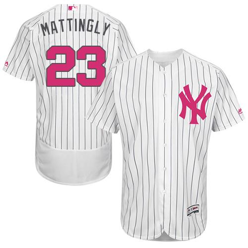 Yankees #23 Don Mattingly White Strip Flexbase Authentic Collection Mother's Day Stitched MLB Jersey - Click Image to Close